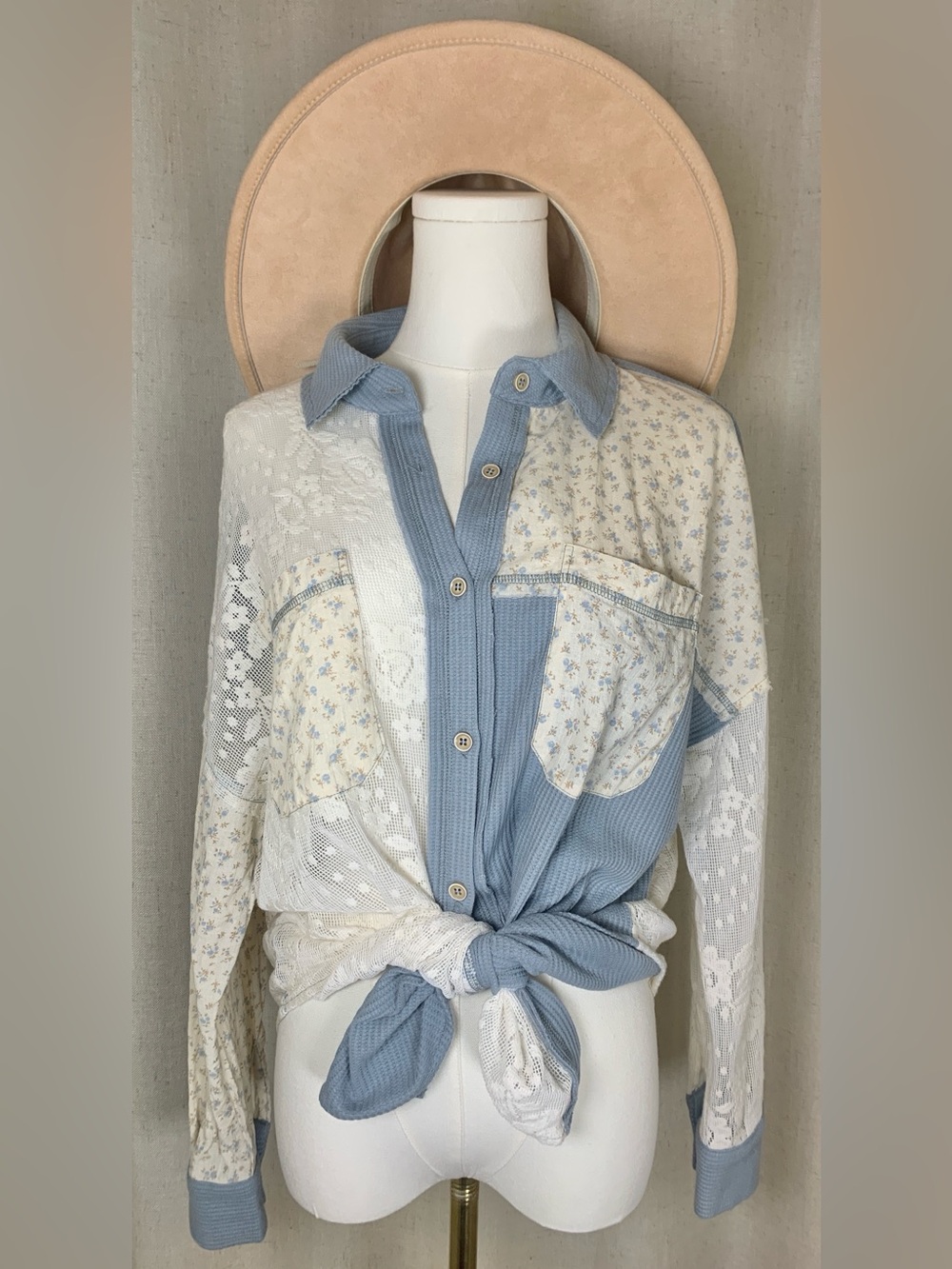 Indigo Fern Patchwork Waffle Knit Lace Button-Up Shacket L2-31